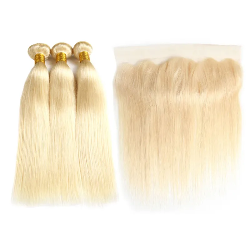 Volle 613 Blonde Brasilianisches Reines Haar 3 Bundles Mit 13x4 Spitze Frontal Gerade 100% Echthaar Webart Blonde Bundles Mit Frontalverlängerung