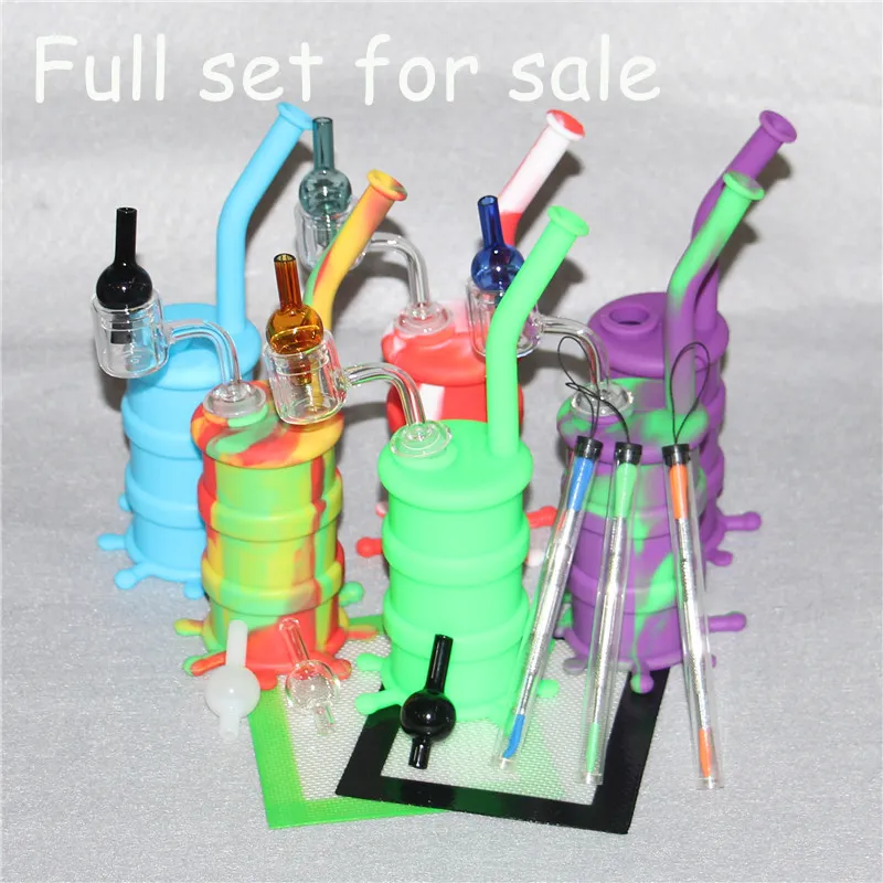 Hookahs Silicone Barrel Rigs Mini Dab Jar Bongs Silikonolja Drum Rigs + Silikon Vaxmattor + DAB Tool + Dubbelvägg Kvarts Bangers + Glass Bubble Carb Caps