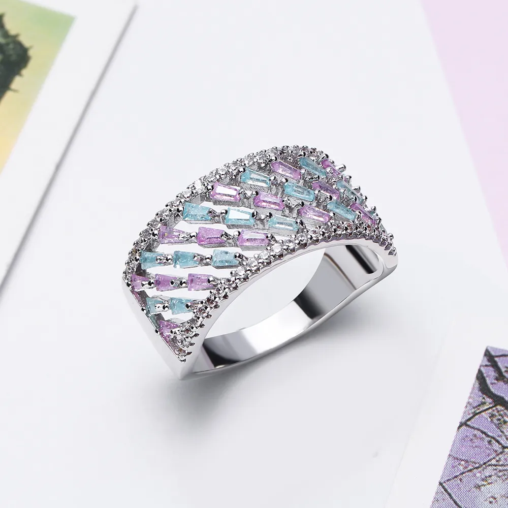 2019 New Shine colorful rings aneis Blue Pink zircon crystal Nice jewelry Luxury women accessories ring