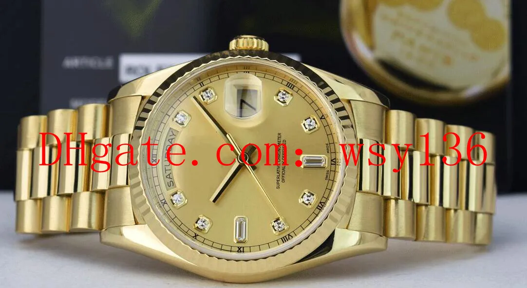 Free shipping Luxury Men's 36mm 18kt Gold Day Date President Champagne Diamond 18238 Automatic Movement Mens Wrist Watches