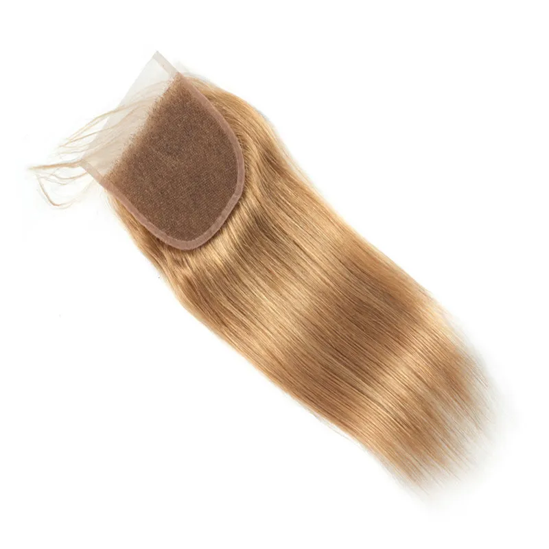 Silkeslen Straight Indian Honey Blonde Human Hair With Top Stängning 27 Strawberry Blonde 4x4 Spetsstängning med Virgin Hair Weaves 4 Bu7082063