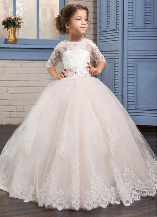 New Designer Ball Gown Flower Girls Dresses Lace Applique Jewel Neck Tiered Tulle Floor Length Girls Pageant Dress For Kids Prom Dress