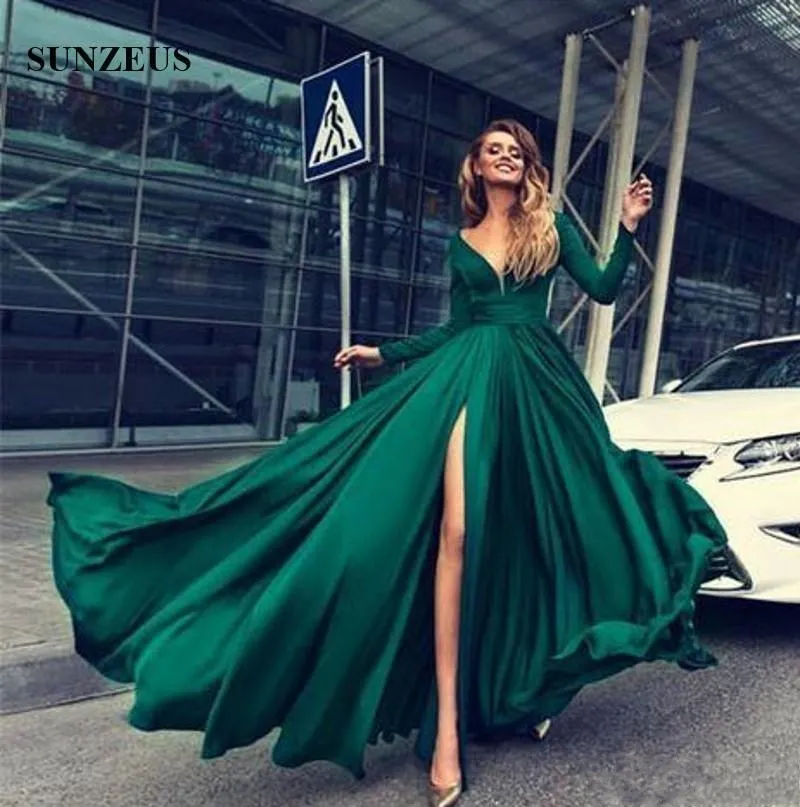 2018 Nouveau Vert Sexy Col En V A-ligne Robes De Bal Manches Longues Jersey Robes De Soirée Élégantes Robes De Soirée Fente Latérale Plus La Taille Robes Sur Mesure