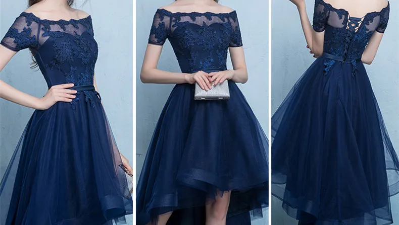 Navy Blue Cocktail Jurk Hallo Lo Tulle met applique korte mouwen Lichtgrijs, zwart, Bourgondië Partyjurken Goedkope Special Taille Jurken