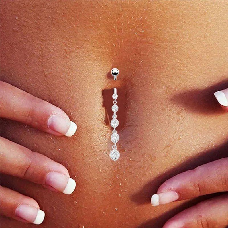 Paslanmaz Çelik Zirkon Uzun Dangle Yuvarlak Rhinestone Navel Göbek Ring Düğme Bar Halter Halkalar Piercing Ters Takı