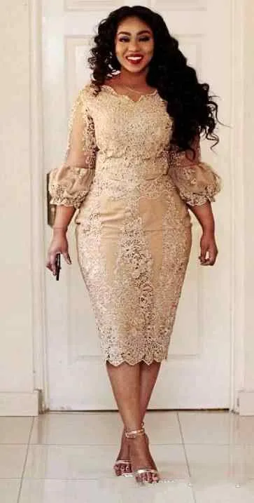 Champagne Mermaid Plus Size of The Bride Dress with Jewel Neckline, 3/4 Sleeves, Lace Applique, and Tea Length Plus Size Sequin Skirt - Perfect for
