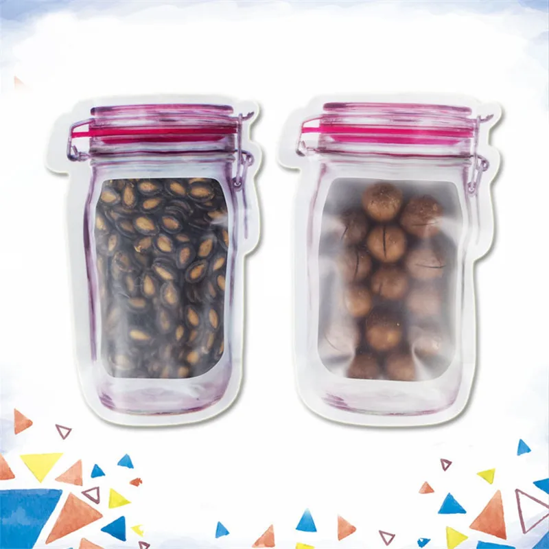 Großhandel Einmachglas Shaped Food Container Plastiktüte Klar Maurerflasche Modellierung Reißverschlüsse Lagerung Snacks Kunststoffbox LZ1827