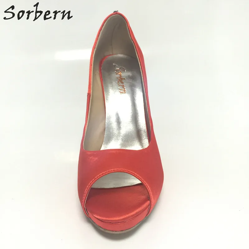 SORBERN RED SATINの結婚式の靴のピープツーンクリスタルブライダルシューズハイヒールプラットフォームラインストーンウェディングポンプドレスシューズカスタムカラー34-46