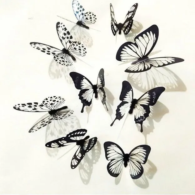 Preto e branco 3d borboleta adesivos de parede arte decalques de parede para decoração de casa quente GA92