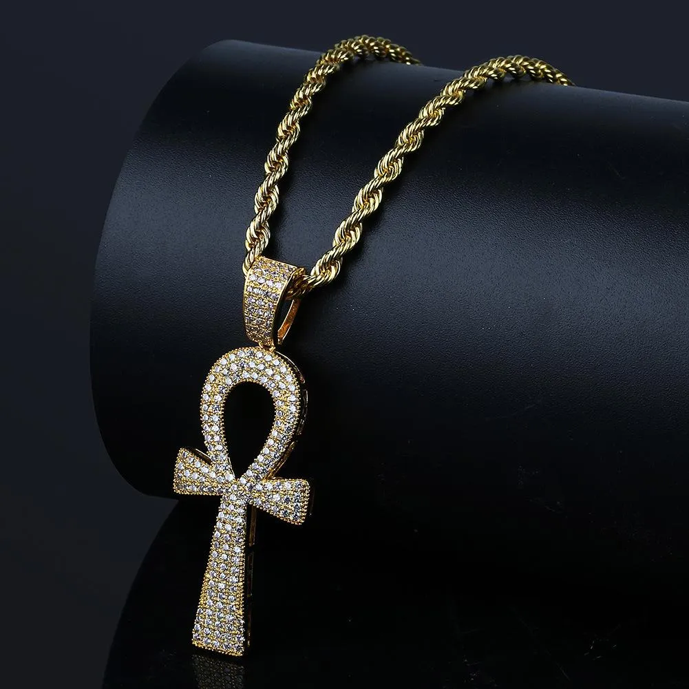 Hip Hop Silver/Gold Color Jesus Egyptian Ankh Key Cross Pendant Necklaces Cubic Zirconia Long Chains for Male and Women