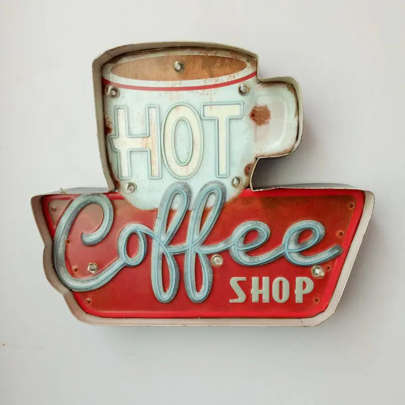 Hot Coffee Led Signs Vintage Cafe Shop Decorative Neon Light Decoración para el hogar Placa de metal para la placa de café retro de la pared 35.5x5x29.5cm