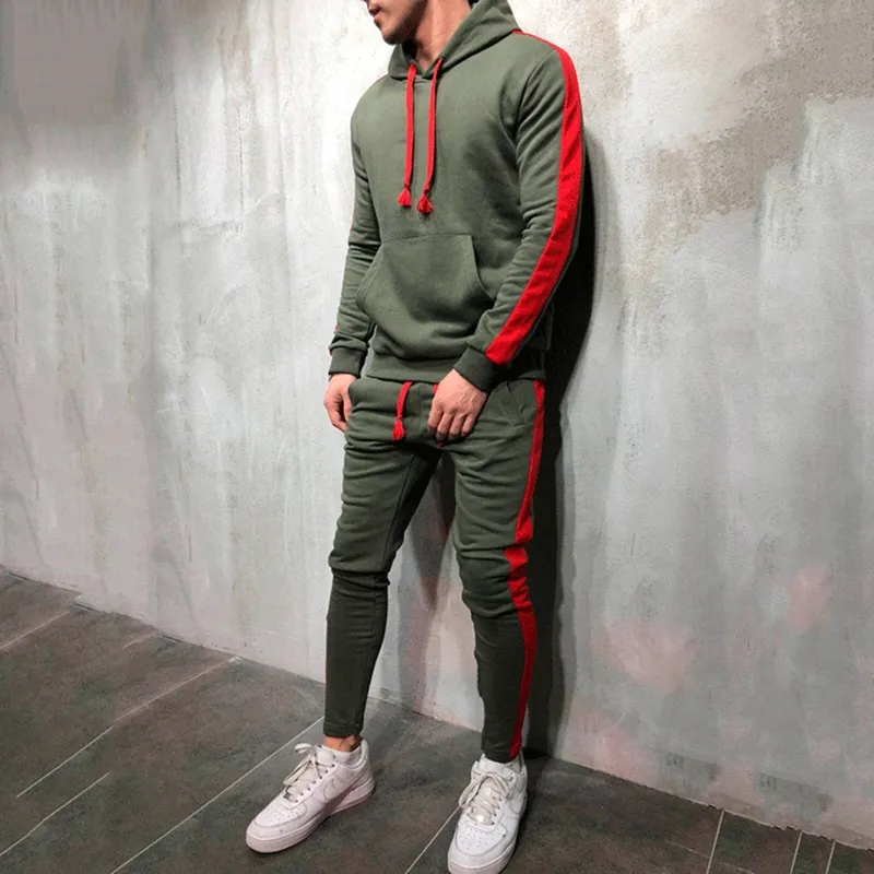 2 stycken sätter män Tracksuit New Höst Vinter Hooded Sweatshirt + Drawstring Pants Male Stripe Patchwork Hoodies