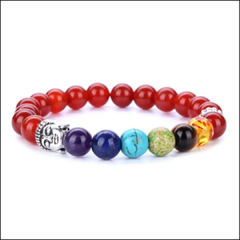 Pulseira de vulcão de cabeça de Buda moda atacado natural lava vulcão, ágata vermelha, ametista pedra com sete cores de pedra frisada pulseira