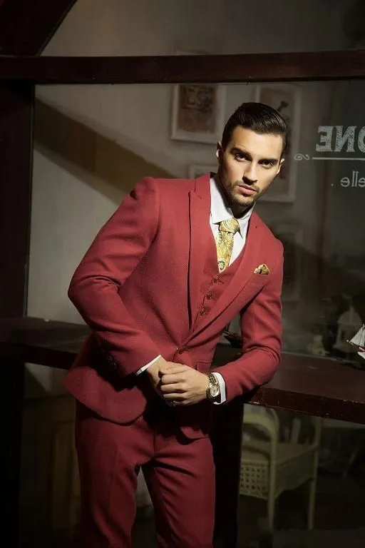 Handsome Slim Fit Red Groom Tuxedos Beautiful One Button Groomsman Men Formal Men Prom Dinner Business SuitsJacket+Pants+Tie+VestNO:840