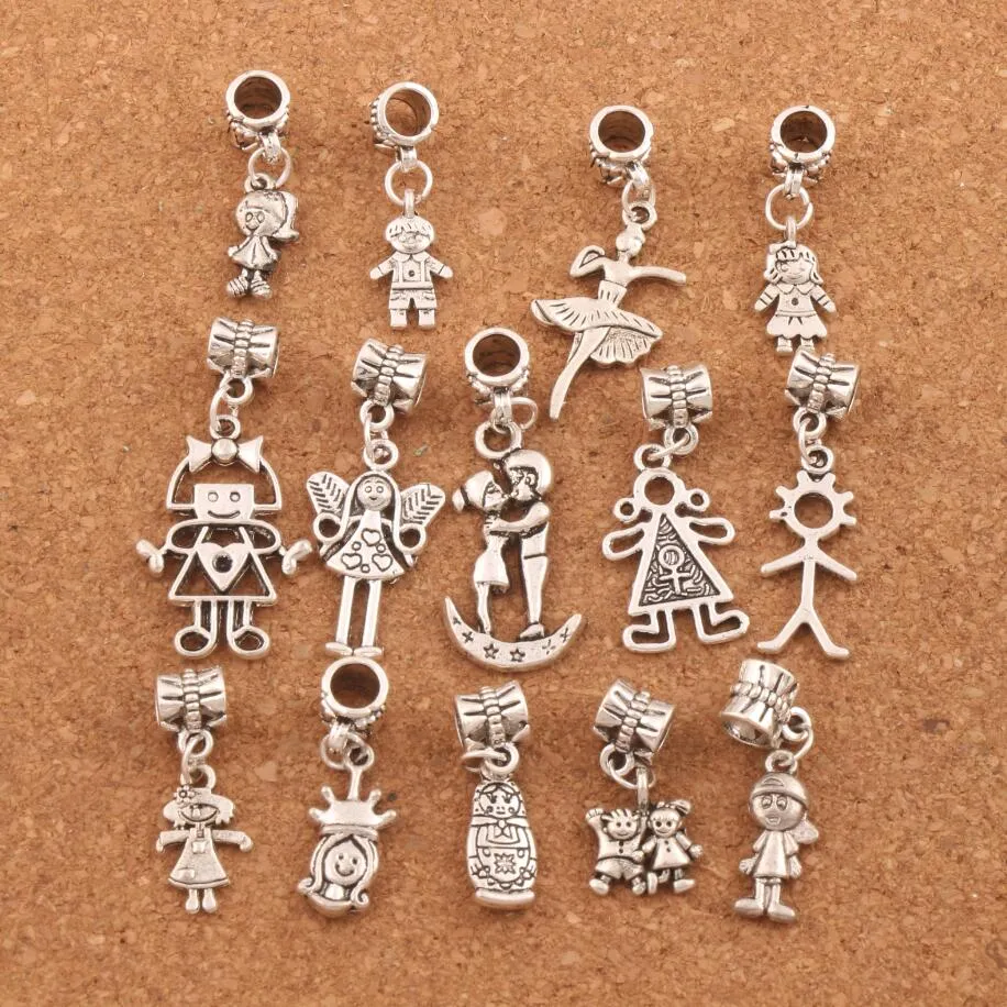 Alloy Pretty Girl Boy Dangle Charm Gig Hole Luźne Koraliki Tybetański Srebrny Europejska Bransoletka Moda Biżuteria BM54 140 sztuk / partia