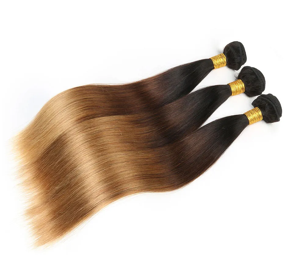 Tre ton # 1b / 4/27 honung blondin ombre jungfru peruanska mänskliga hårbuntar med 13x4 spets frontal stängning silkeslen raka mänskliga hårväv