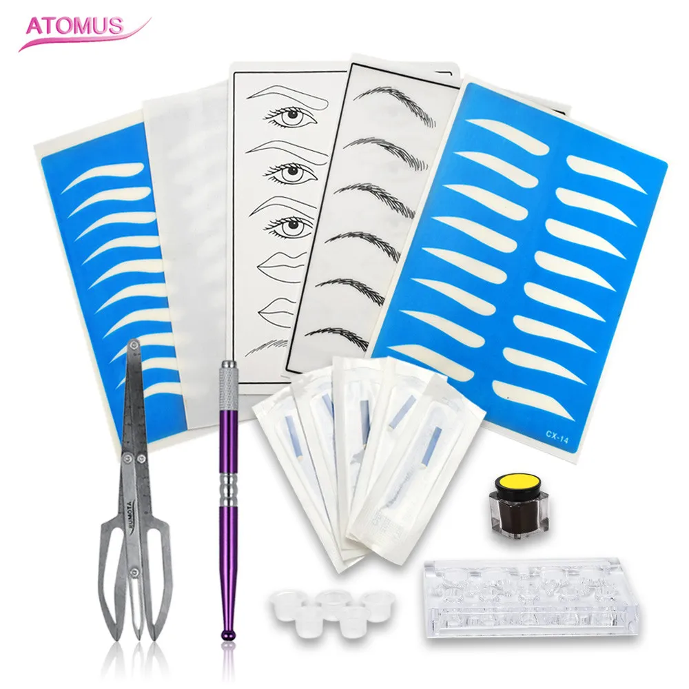 Microblading Learner Kits for Eyebrow Tattoo Permanet Makeup Beauty with14Pin Needle Blade 5 Practise Skin1 Deep Coffee Paste