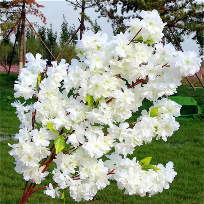 Fake Waterfall Cherry Blossom Flower Branch Begonia Sakura Tree Stem with Green Leaf 108cm for Artificial Decorative Flowers