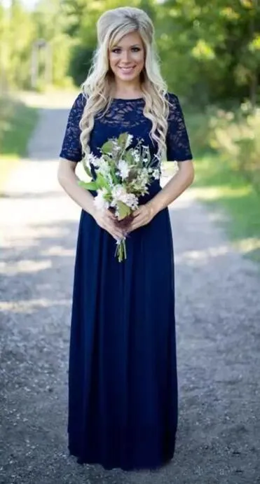 Hot Sales Royal Blue Bridesmaid Dresses 2019 Bateau Neckline Short Sleeves A Line Lace and Chiffon Country Wedding Maid of Honor Dresses