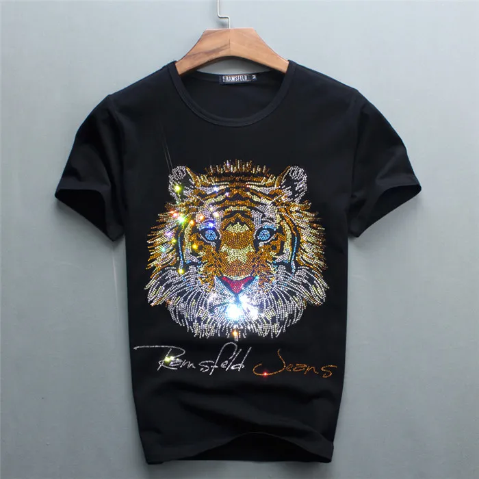 2021 Diamonds Top Quality Men's Black Color Short T-shirts with Luxury Tiger Letter Diamond Casual Cotton short sleeve T Shirts Brand White o-neck tops