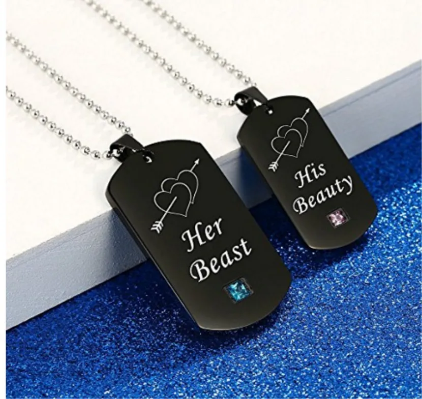 Couple Necklaces His Beauty Her Beast Black Tag Necklace with Stone Luxury Jewelry Double Heart Pendant Necklace