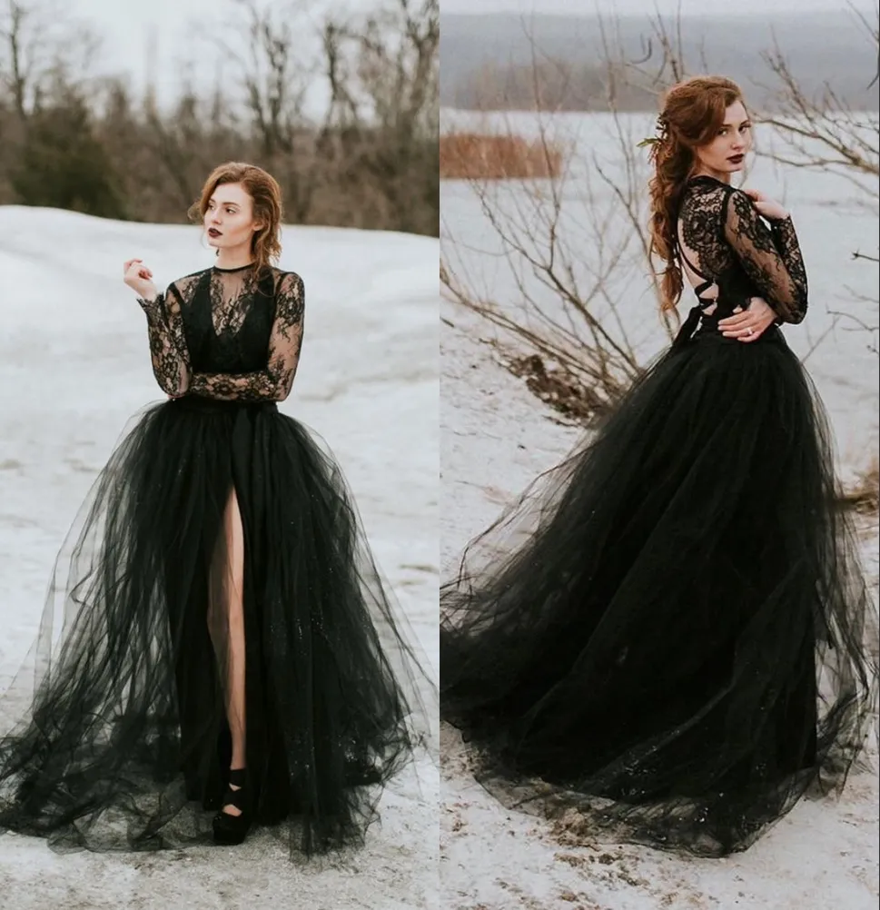 Abito da sposa gotico in tulle di pizzo nero con maniche lunghe gonna sexy trasparente con spacco superiore abito da sposa non bianco da donna nuovo arrivo