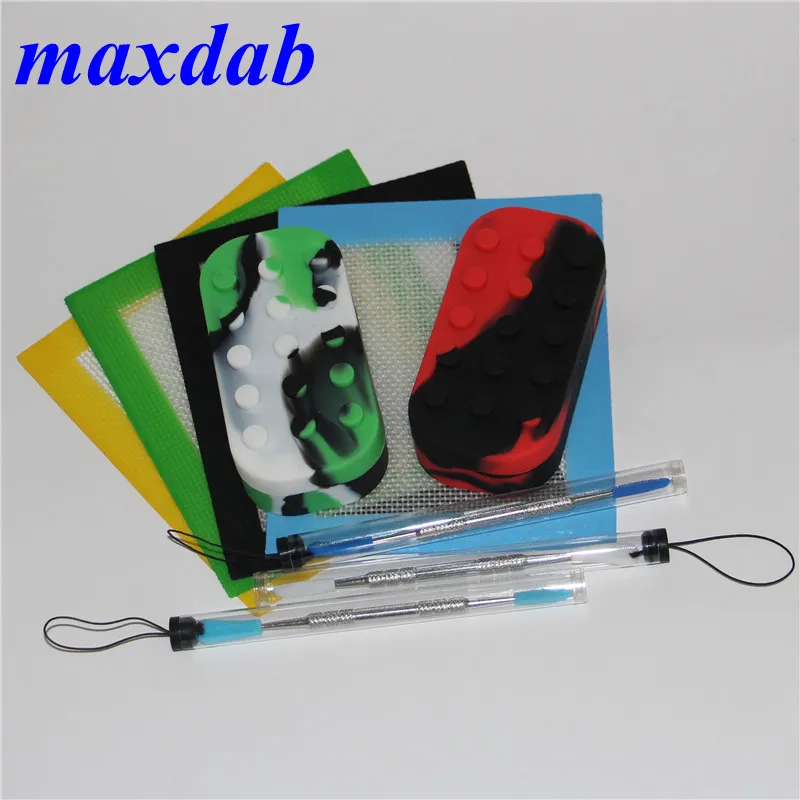 Silikonowy Oil Wax DAB Slicks Zestaw narzędzi z 14 * 11.5 Square Mat Pad 6 + 1 Kontenery Słoiki Tytan Dabber Narzędzia do zestawu DABBing Wax