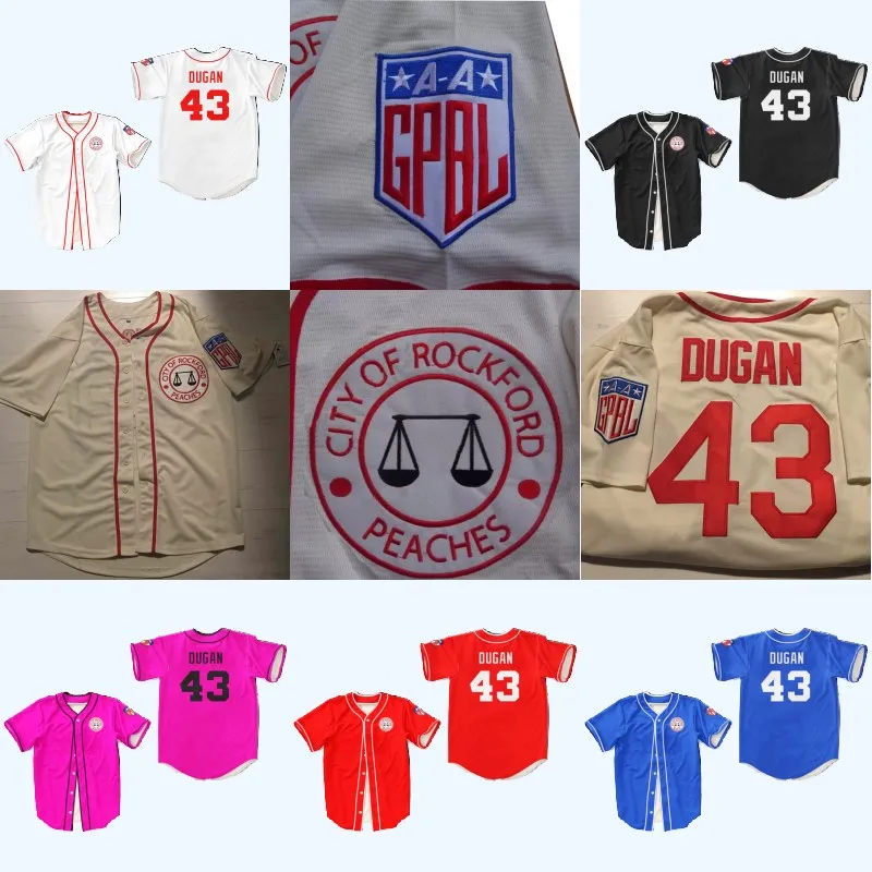 Maillots de baseball # 43 Jimmy Dugan Rockford Peaches Tom Hanks All Stiched Baseball Jersey AAGPBL Une ligue de leur propre film personnalisé pour hommes femmes jeunes tous