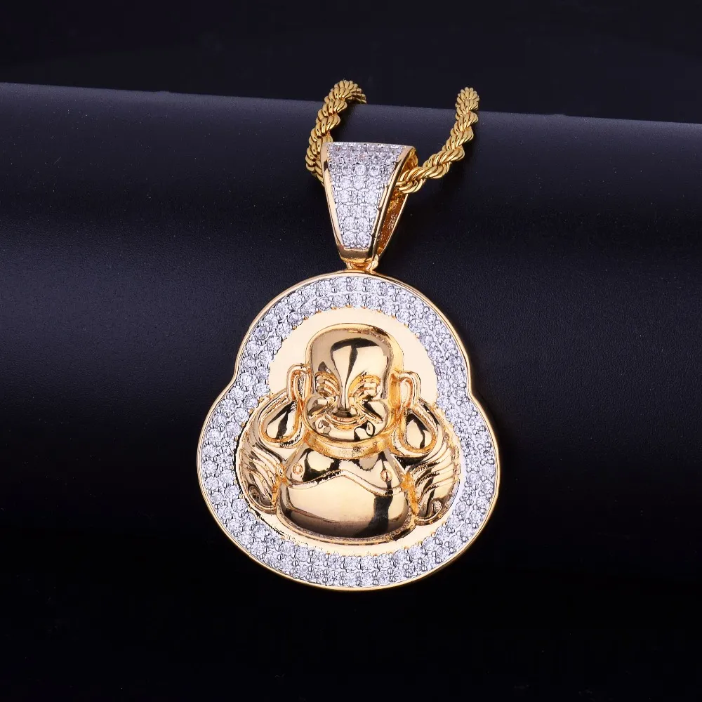 Neue Männer Hip Hop Schmuck Anhänger Halskette Iced Out Lächeln Buddha Gold Silber Farbe Kubikzircon Freie Seil Kette