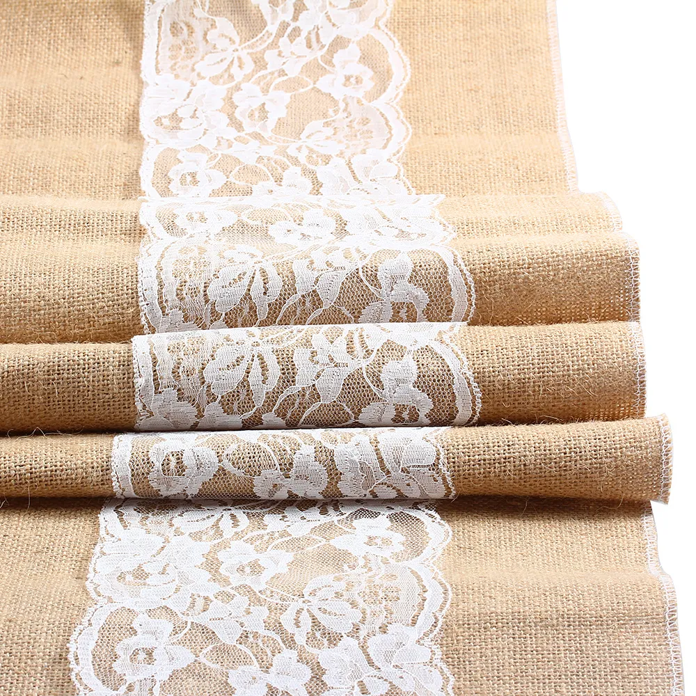 Table Runner Lace 108" (275cm) Burlap Lace Hessian Natural Jute Table Runner for Wedding Party Festival Event Decorations