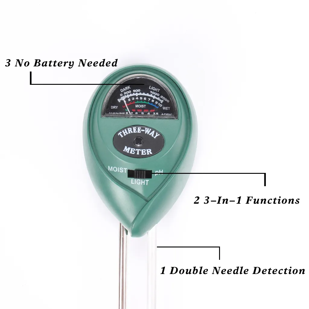 3 In 1 Soil Tester With Moisture Meter Light and PH Acidity Test Lightweight Plastic Material No Battery Needed Green3768703