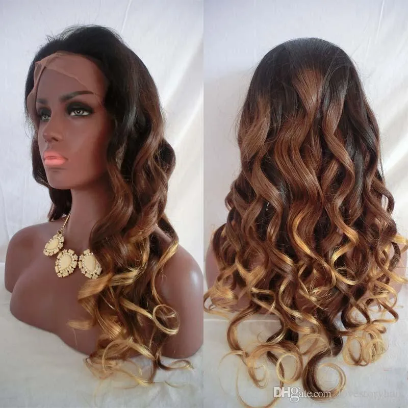 Super vågig full spets mänskliga hår peruker för svarta kvinnor brasilianska hår tre ton # 1b / 4/27 ombre färg spets fram peruk