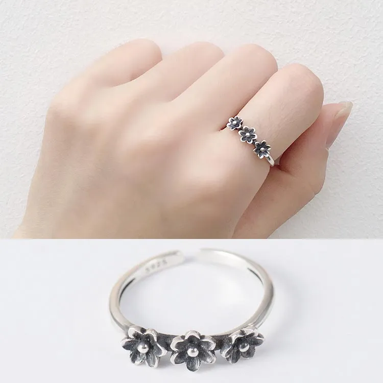 Do the Old Vintage Three Flower Rings For Women 100% Real Sterling Silver Opening Finger Ring Bague Fine Party Jewelry YMR112