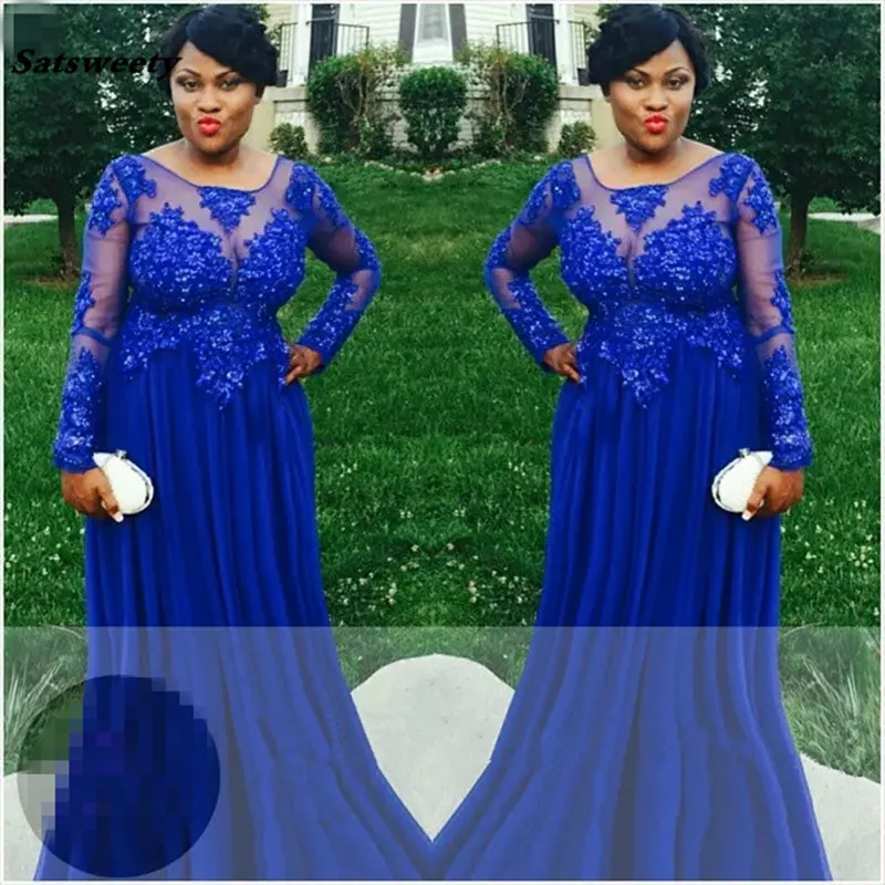 Royal Blue Plus Size Prom -klänningar Generös långärmad Sheer Formal Women Aftonklänningar Empire Vestidos de Formatura 2023