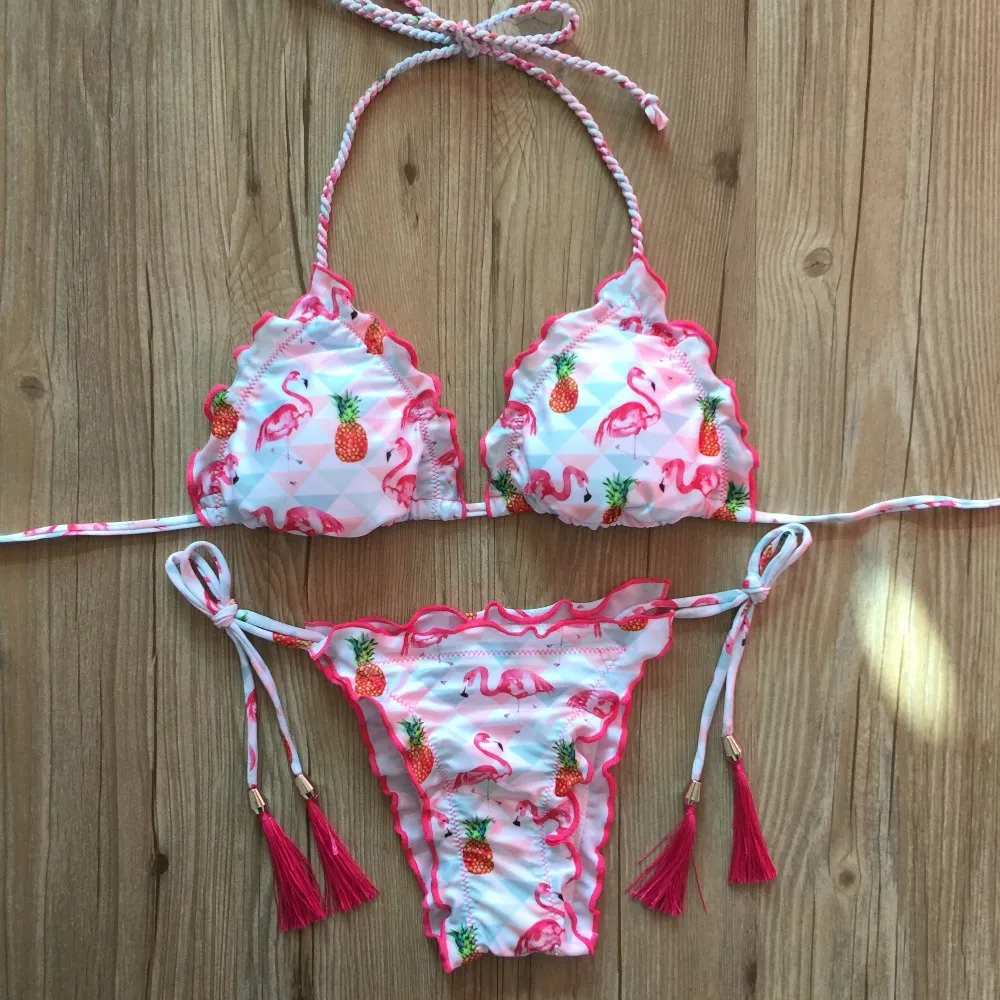 Yeni Flamingo ve Ananas Baskılı Brezilyalı Bikini Örgülü Halat 2021 Seksi Kadın Mayolar Push Up Bikini Set Bandaj Mayo