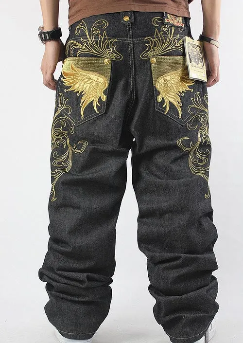 Geborduurde patroon hip-hop jeans broek hiphop casual losse plus vet grote maat skateboard mannen jeans broek
