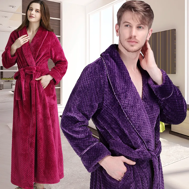 Homens inverno extra longa grade quente grade flanela bathrobe mens kimono banho banho mulheres mulheres vestes macho vestido térmico