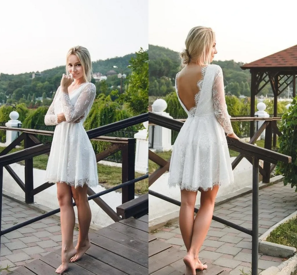 Summer Short A-Line Wedding Dresses Lace V Neck långa ärmar rygglösa brudklänningar billiga skräddarsydda bröllopsklänningar HY4162