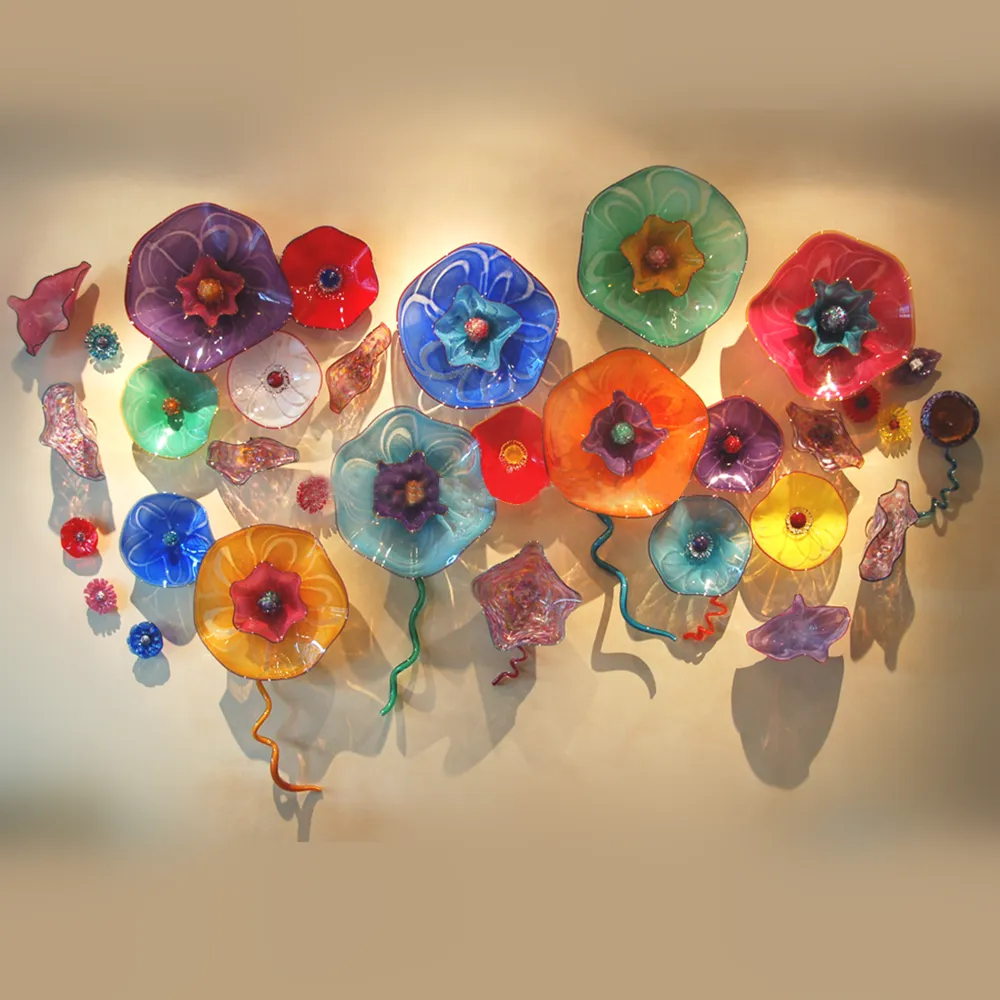 Modern Lamps Arts Plate Colorful Hand Blown Glass Hanging Plates Platter Murano Style Flower Wall Art for Restaurant Hotel Projects