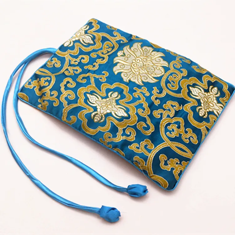 Luxury Silk Brocade Jewelry Travel Roll Bag Floral Drawstring Cosmetic Storage Bag Large Zipper Foldable Women Makeup Bag 