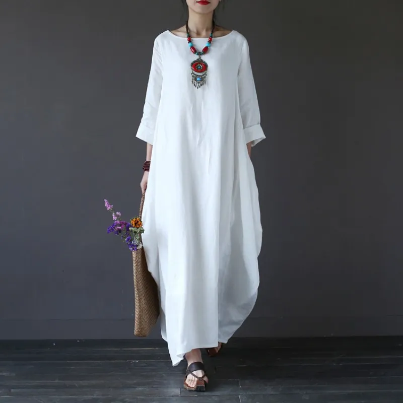 2018 Summer Plus Size Long Sleeve Dresses For Women 3xl 4xl 5xl Loose Cotton Linen Dress White Boho Shirt Dress Long Maxi Robe