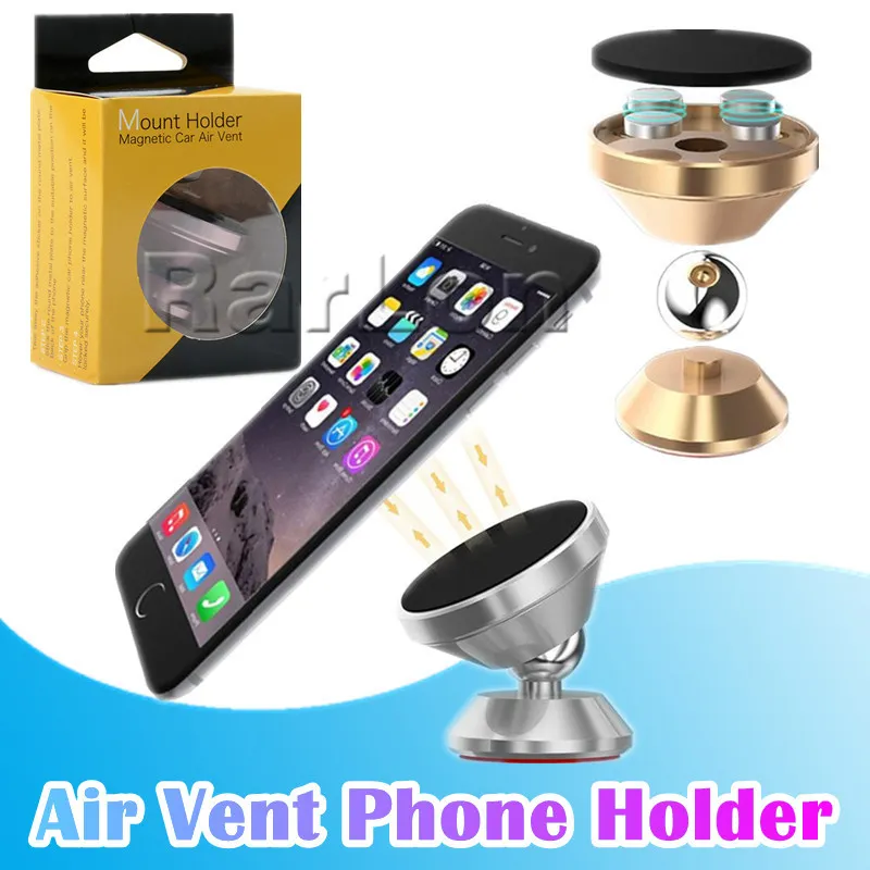 Soporte móvil de rotación de 360 grados magnético de ventilación de aire de metal con 4 imanes de alta calidad de lujo para iPhone Samsung Soporte magnético para automóvil con caja al por menor