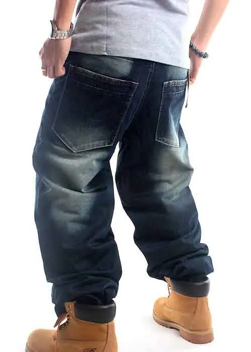 Herrhip-hop jeans hiphop street dans aka tvättade broderier lösa avslappnade skate byxor män jeans byxor