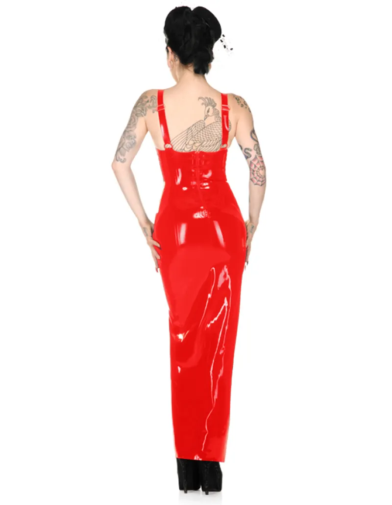 Robe longue en PVC pour femmes, noire et rouge, Sexy, sans manches, col en V, écharpe, fente haute, à bandes, à la mode, tenue de soirée, moulante