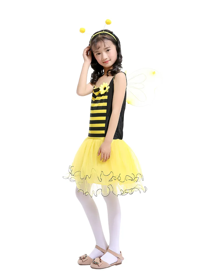 Little Bee Girls Siling Dress Yellow Yarn Patchwork Tutu Gonna con Yellow Wing + Headband Princess Dress Suits Costume bambini di Halloween