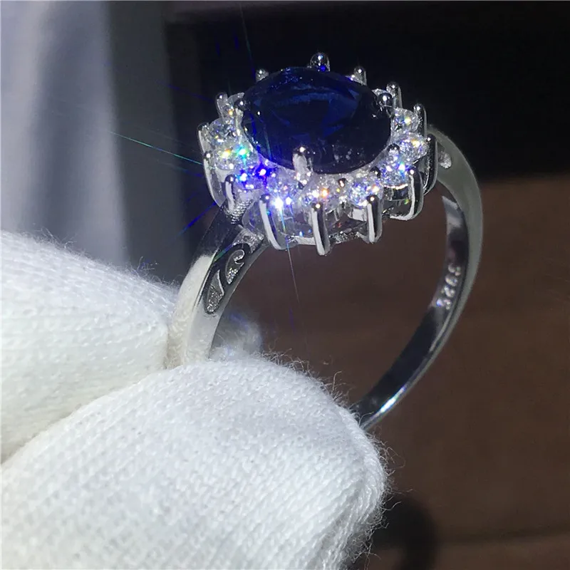 Royal Jewelry Princess Diana 100% Real 925 Sterling Silver Ring Blå 5A Zircon CZ Engagement Bröllop Band Ringar för Women Bridal