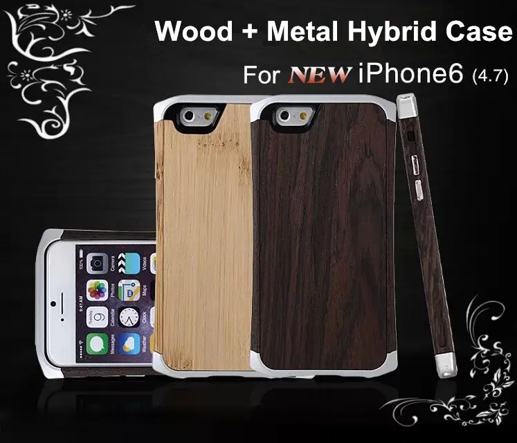 Pour iPhone 6 6S Plus étui en bois bois bambou aluminium métal cadre hybride petite taille Cleave couverture arrière rigide avec pochette en cuir 4.7 5.5