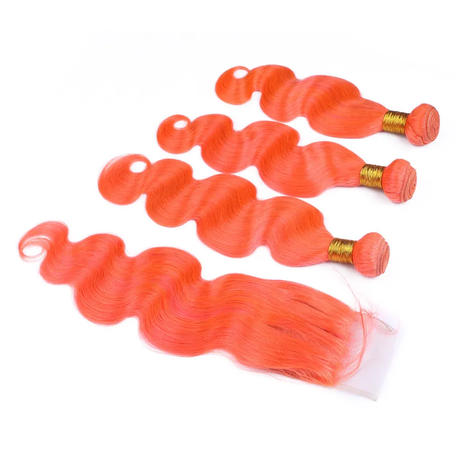 Körperwelle Orange Haarverlängerung Mit Spitze Schließung 4x4 Mitte Drei Teil Verschluss Körperwelle Haarverlängerung Orange Haar Weave Wefts