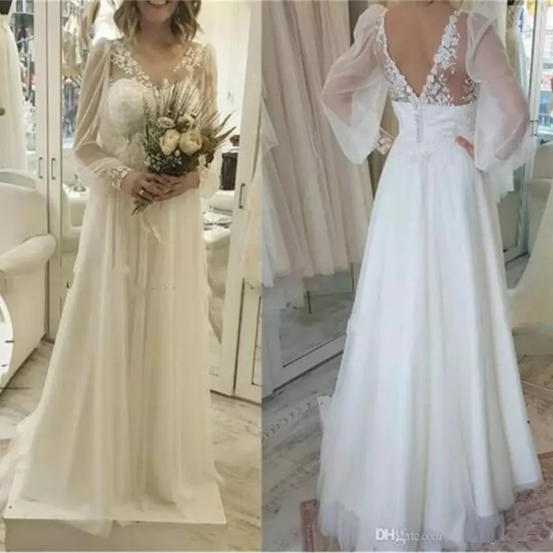 Belle V-Neck Dentelle Puffy Jardin Robes De Mariée Boho Manches Longues Sheer Bohème Arabe Plus La Taille Robe De Noiva Robe De Mariée Balle Mariée