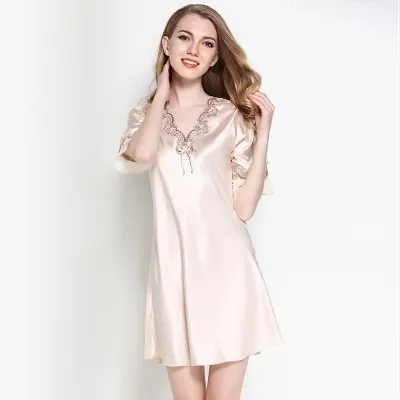 New Women Satin Sleepwear Silk Nightgown Half Sleeve Embroidery Night Dress Sexy Lingerie Nightie Dress Shirt Nightwear Homewear S226I